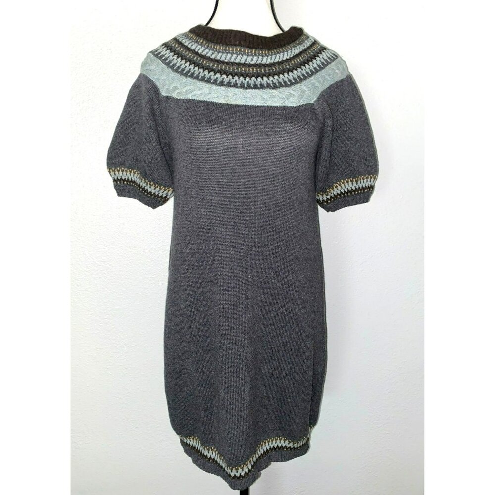 BCBGMAXAZRIA Fair Isle Knit Sweater Mini Dress Short Sleeves Cotton &Lambswool